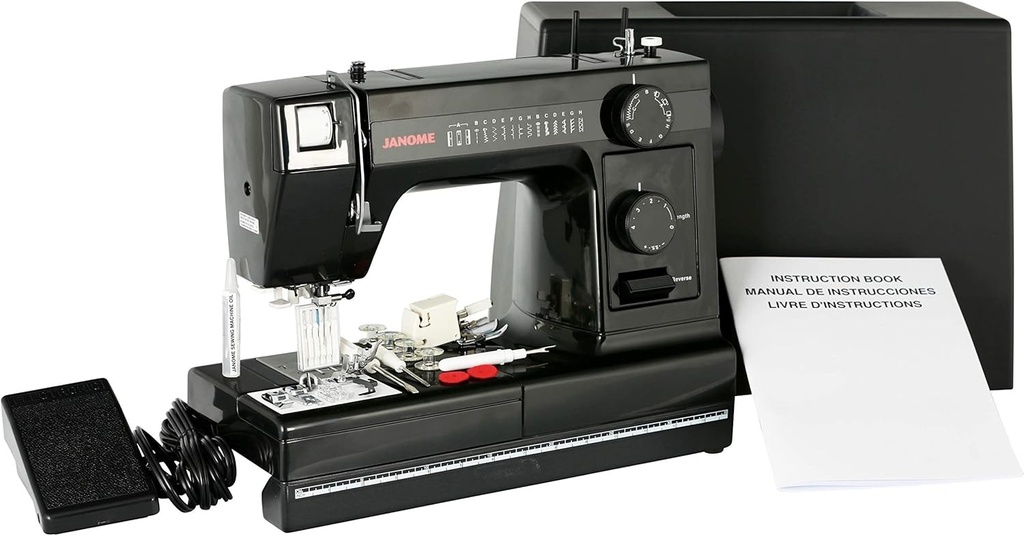 Masina de cusut Janome HD1000 Black Edition cu 14 cusaturi, butoniera in 4 pasi, infilator automat al acului si alimentare prin picurare