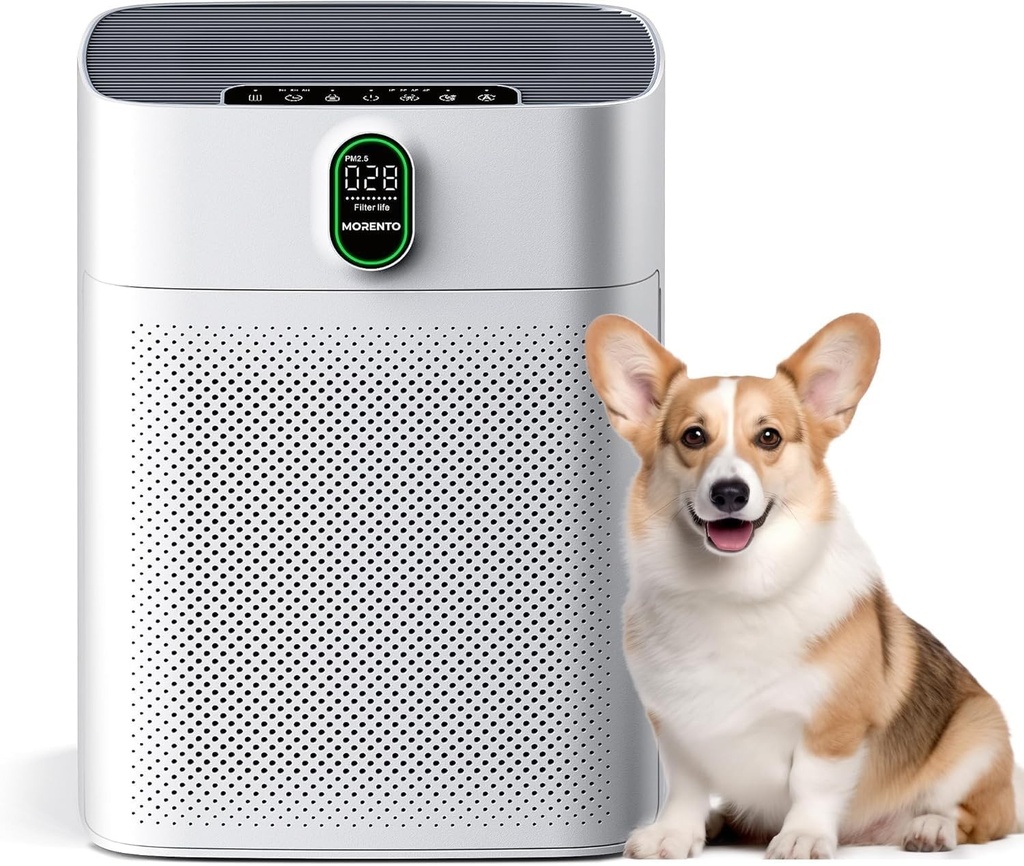 Purificator de aer MORENTO pentru persoane alergice cu filtru de aer HEPA pentru indepartarea prafului, polenului si parului de animale, CADR 300m³/h pentru camere de fumatori de 100cm, afisaj LED PM2.5, 24dB, 1 pachet de 2 filtre de schimb