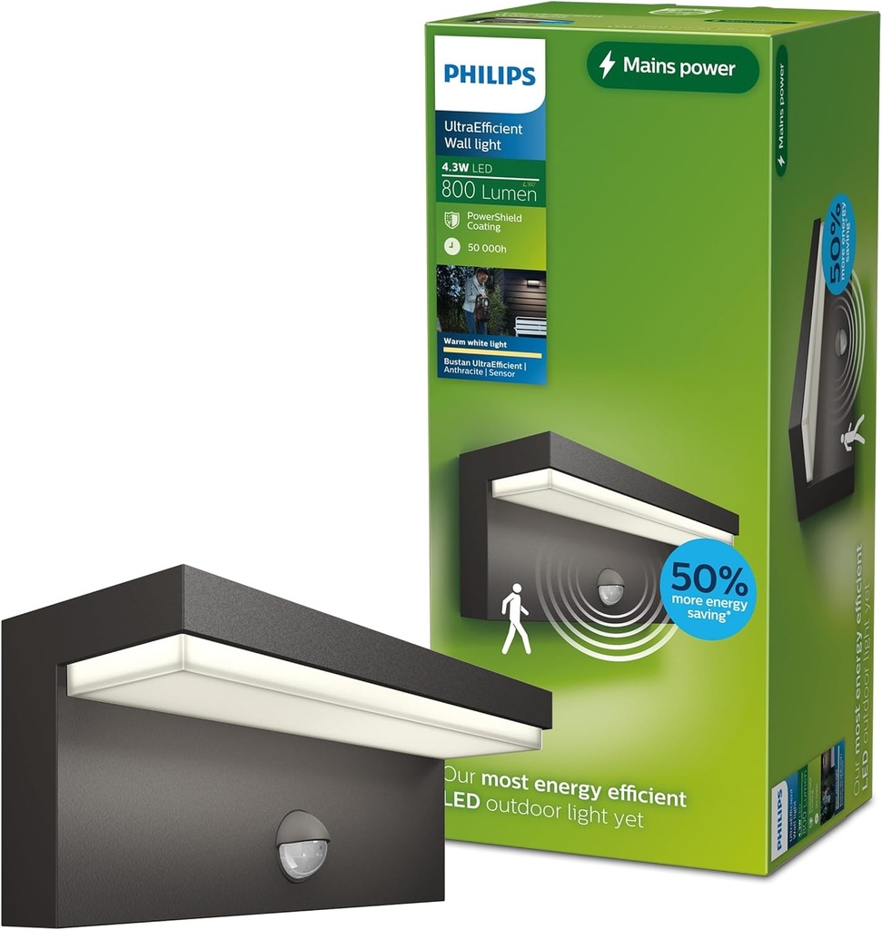 Lampa de perete pentru exterior Philips Bustan UltraEfficient, 3,8 W, lumina alba calda 2700 K, antracit, senzor de miscare, rezistenta la intemperii IP44