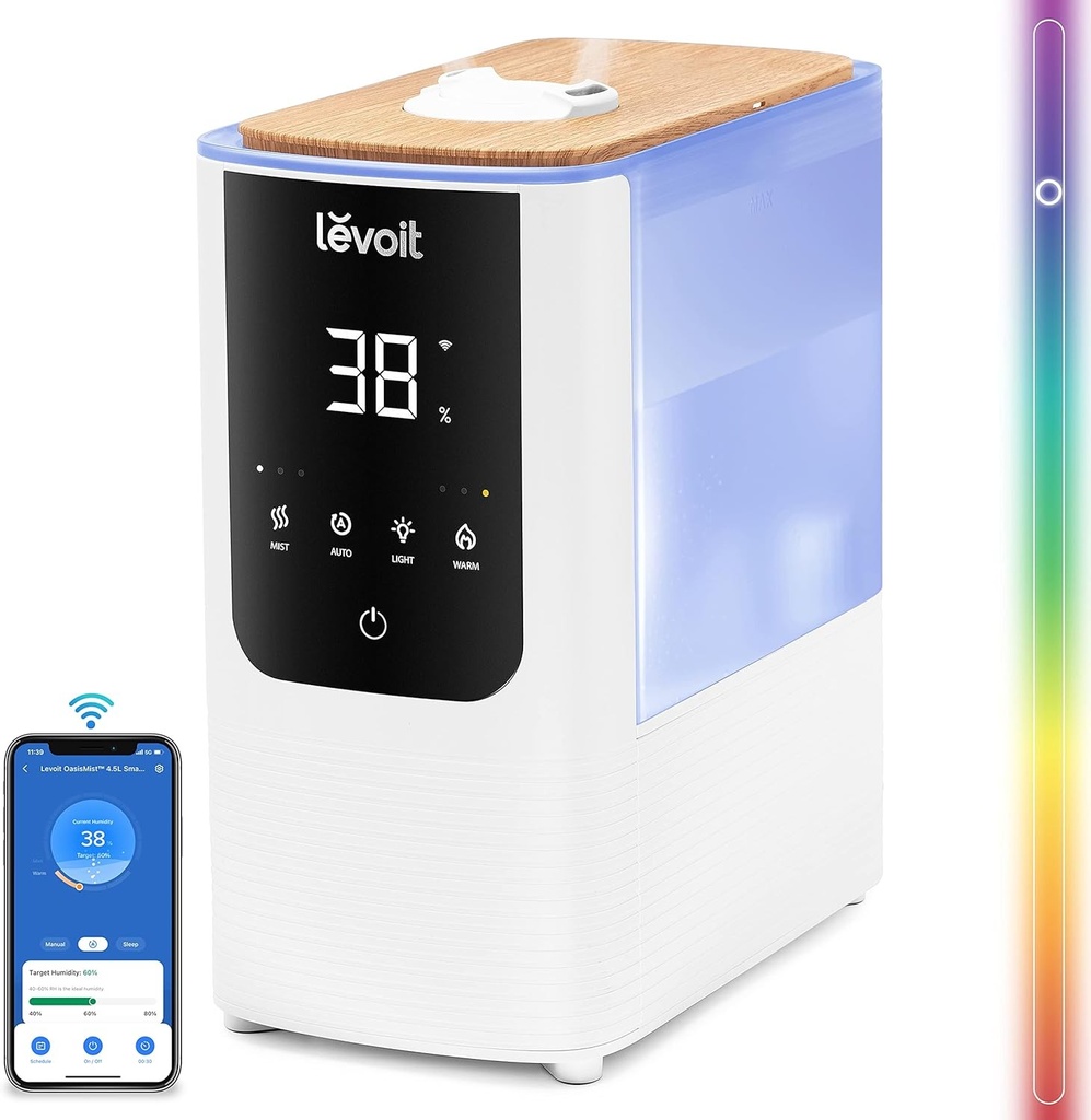 Umidificator inteligent LEVOIT OasisMist, umplere superioara, functionare 4,5 l/45 ore la 40°C, ceata calda si rece, cu aplicatie si Alexa, cu lumina personalizata si aromaterapie, silentios < 26 dB