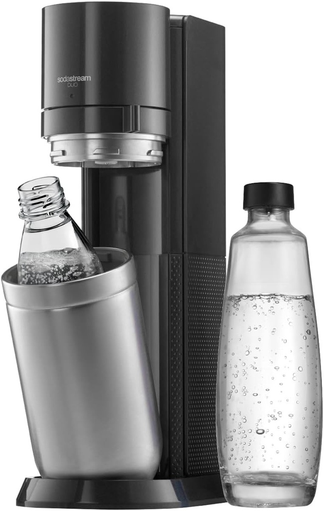Aparat de facut apa minerala SodaStream DUO (cu oprire) | Include 1 sticla de sticla de 1L si 1 sticla de plastic FUSE de 1L (potrivita pentru masina de spalat vase) | Culoare: Titan