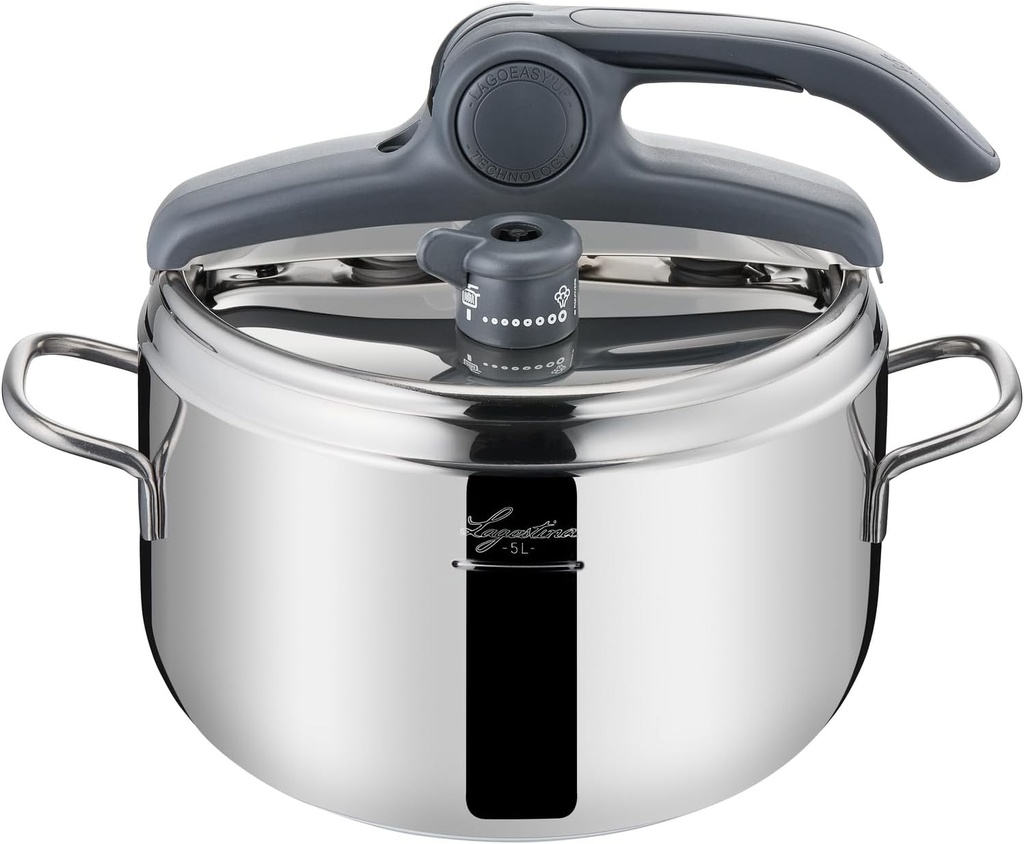 Lagostina Irradial Control, oala sub presiune 5 L din otel inoxidabil 18/10, Ø 22 cm, oala cu inductie si gaz, capac usor de deschis, fund triplu Irradial Plus