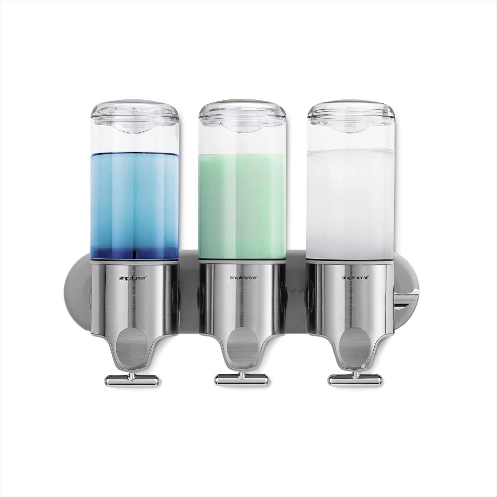 simplehuman BT1029 dozator triplu de 444 ml cu suport de perete, dozator de sapun montat pe perete, otel periat 