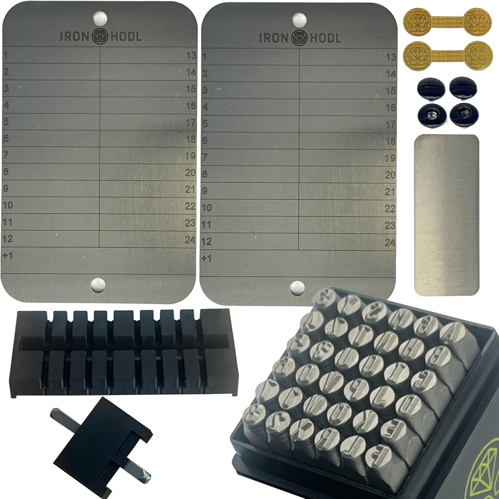 Portofel rece IRON HODL, set de litere decupate cu sablon + placa de testare, suruburi, autocolante, cutie (2x 24+1), placa metalica pentru fraza de recuperare, portofel cripto, portofel Bitcoin, portofel rece cripto, registru cripto