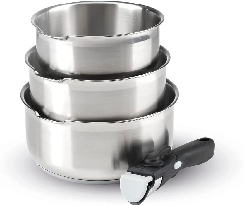 Qulinart de Brandt - Set de 4 vase de gatit cu inductie - 3 cratite din otel inoxidabil (16, 18 si 20 cm) cu manere detasabile - Otel inoxidabil - Potrivit pentru toate plitele - Argintiu
