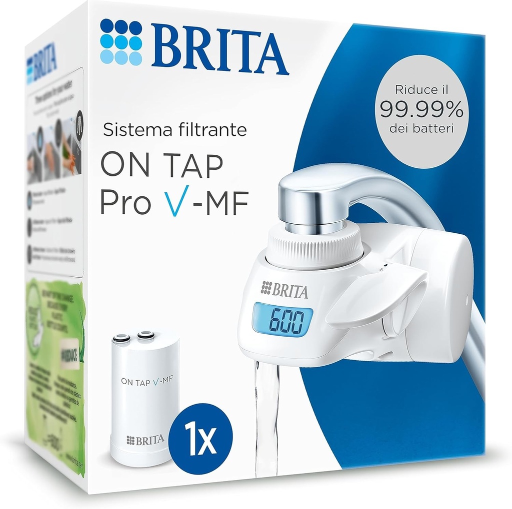 BRITA ON TAP Pro V-MF incl. 1 x filtru de apa de la robinet V-MF (600L) - reduce clorul, 99,99% bacterii, PFAS - debitmetru digital