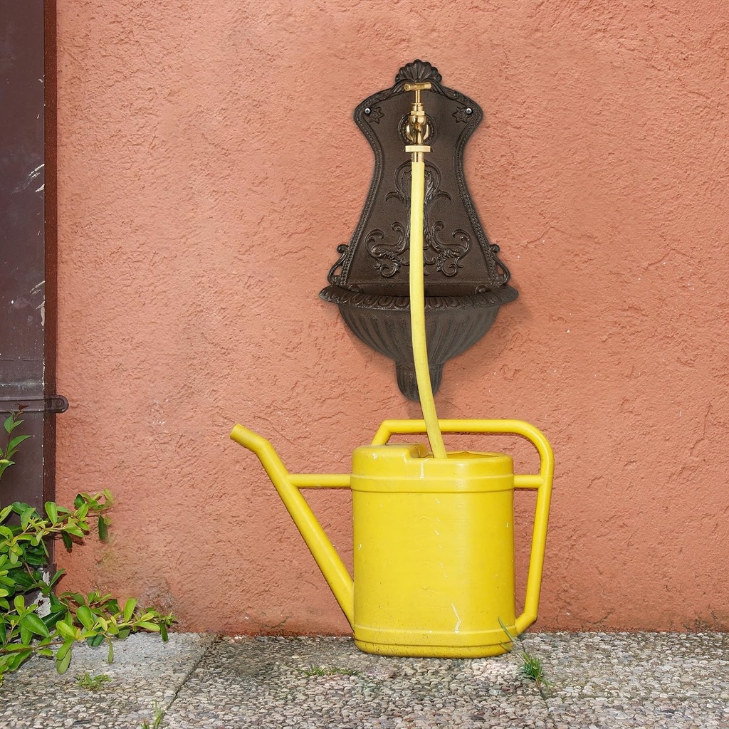 Fantana de perete pentru exterior Relaxdays, fantana de gradina, bazin cu robinet, fonta si alama, 42 x 24,5 x 11,5 cm, maro