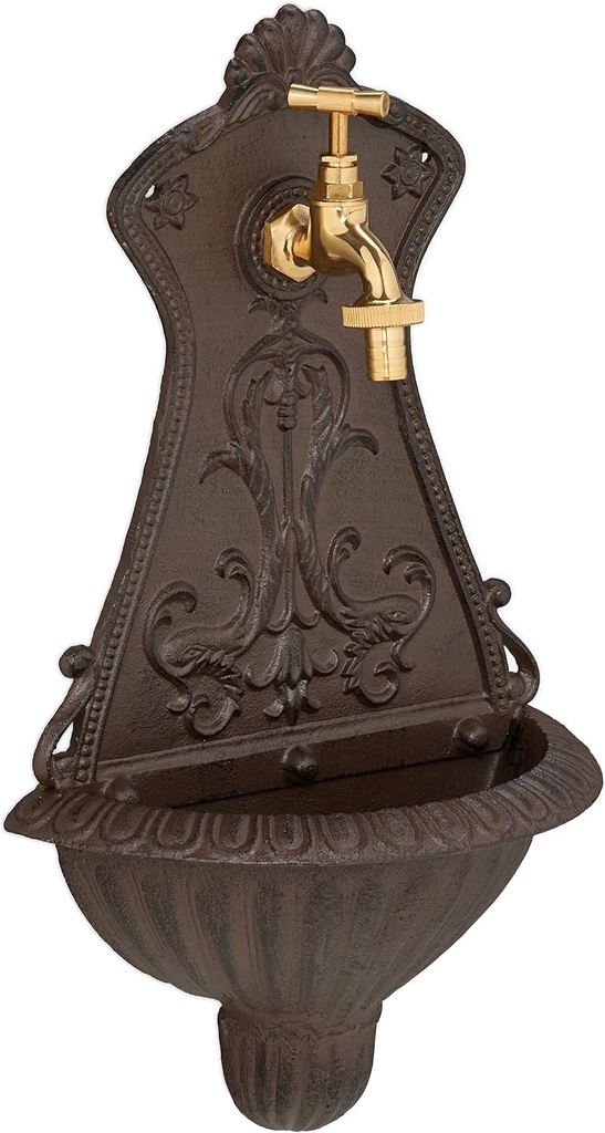 Fantana de perete pentru exterior Relaxdays, fantana de gradina, bazin cu robinet, fonta si alama, 42 x 24,5 x 11,5 cm, maro