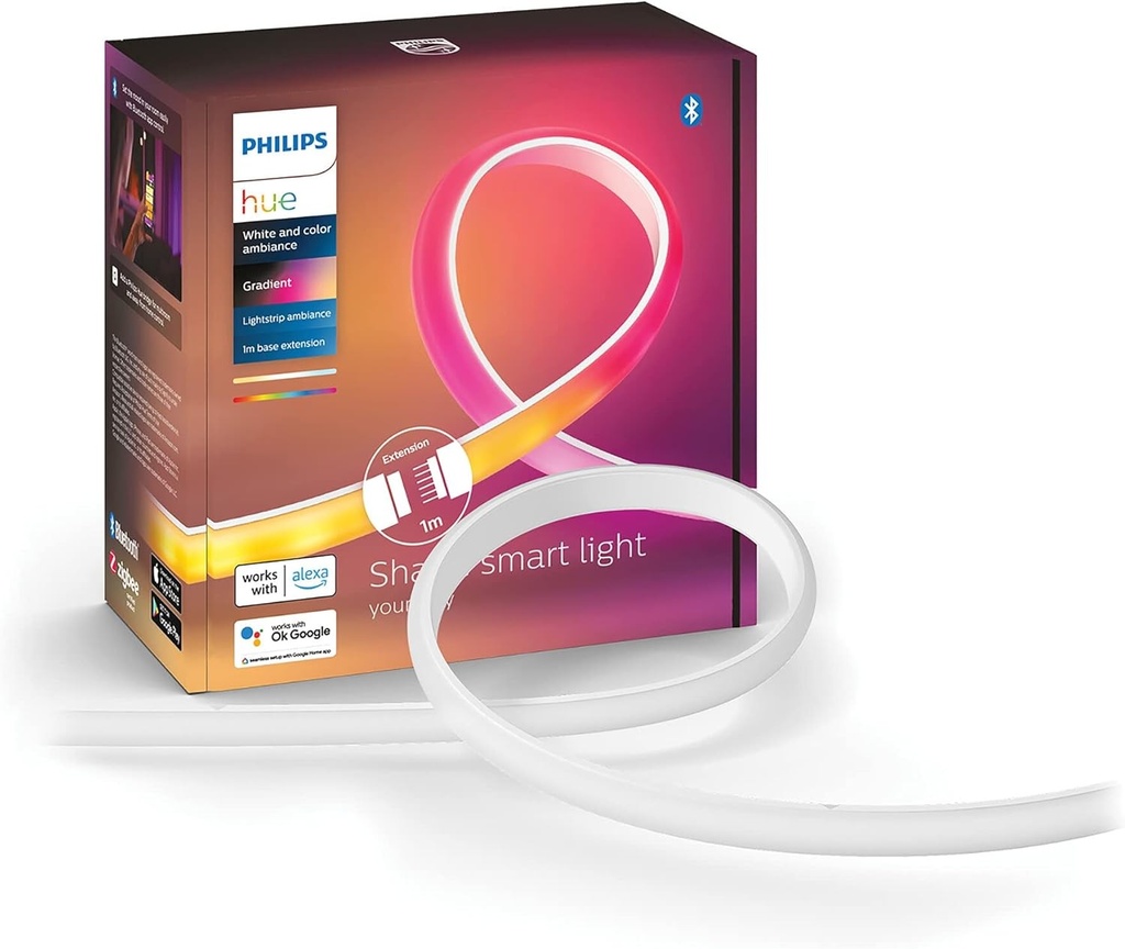 Extensie Philips Hue White & Color Ambiance Gradient Lightstrip (1 m), banda LED reglabila pentru sistemul de iluminat Hue cu 16 milioane de culori, gradiente de culoare, control inteligent al luminii prin voce sau aplicatie