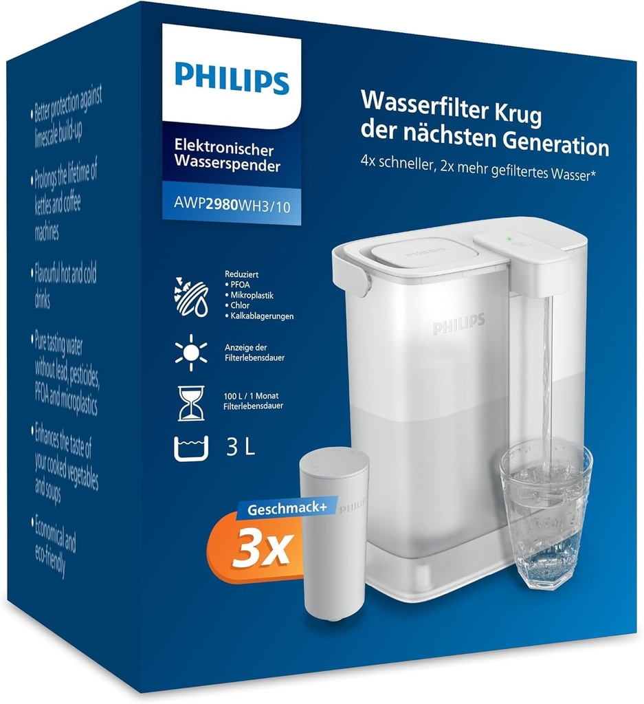 Cana filtranta Philips Water Instant (3 l) – Apa curata si cu gust delicios in cateva secunde – Filtru 3× Taste+, reduce clorul si plumbul, pastreaza mineralele
