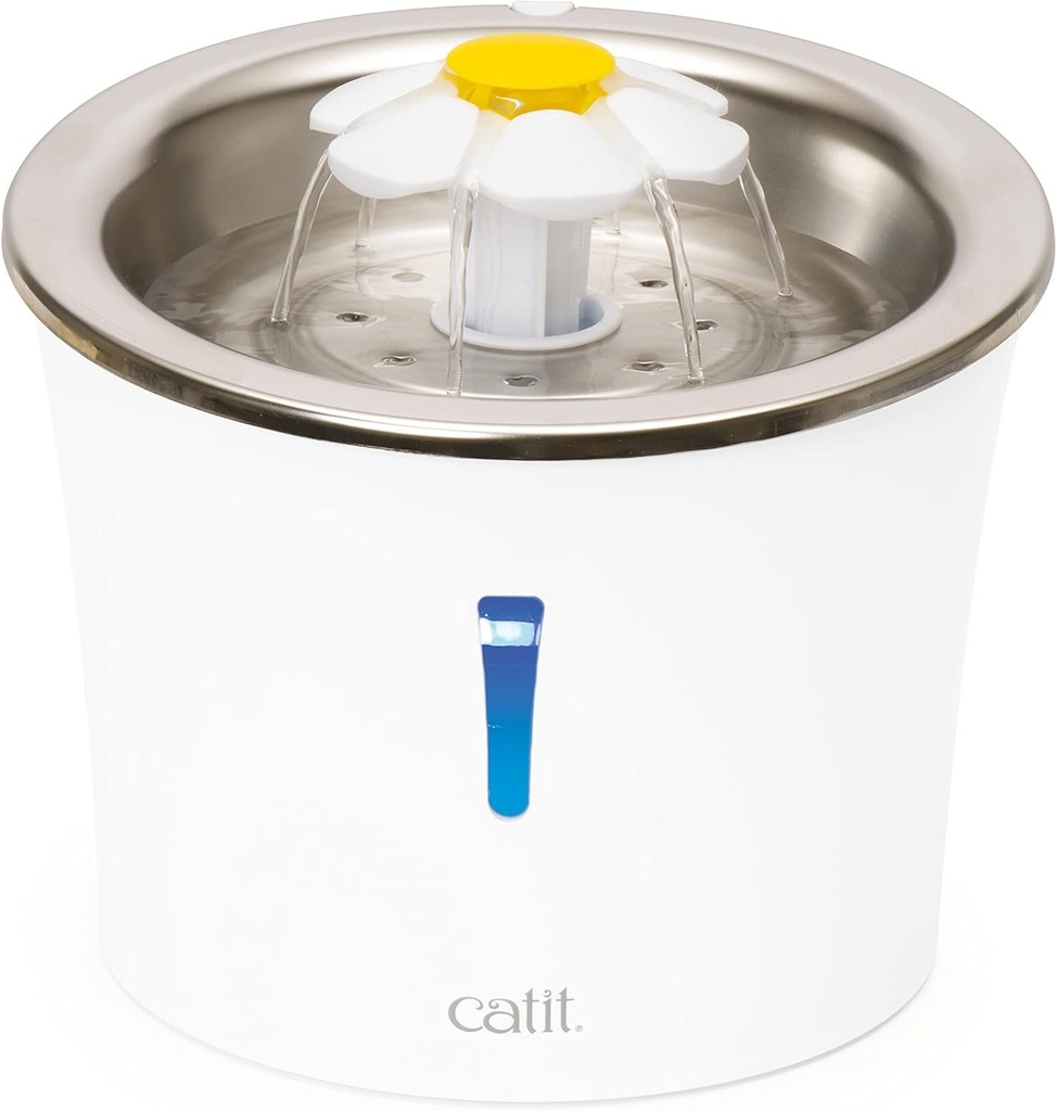 Catit 43725 Fantana cu flori, fantana cu bautura din flori cu insert din otel inoxidabil, pentru pisici, 3L, alb/otel inoxidabil
