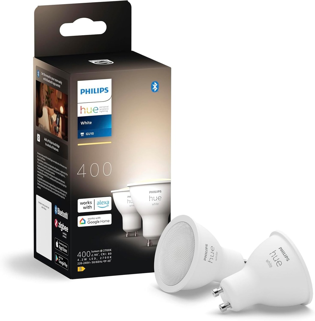 Lampa inteligenta Philips Hue GU10 Spot, pachet de 2 (400 lm) - lumina alba discreta - reglabila - conectare prin Bluetooth sau Bridge - functionare cu Alexa si Google Home
