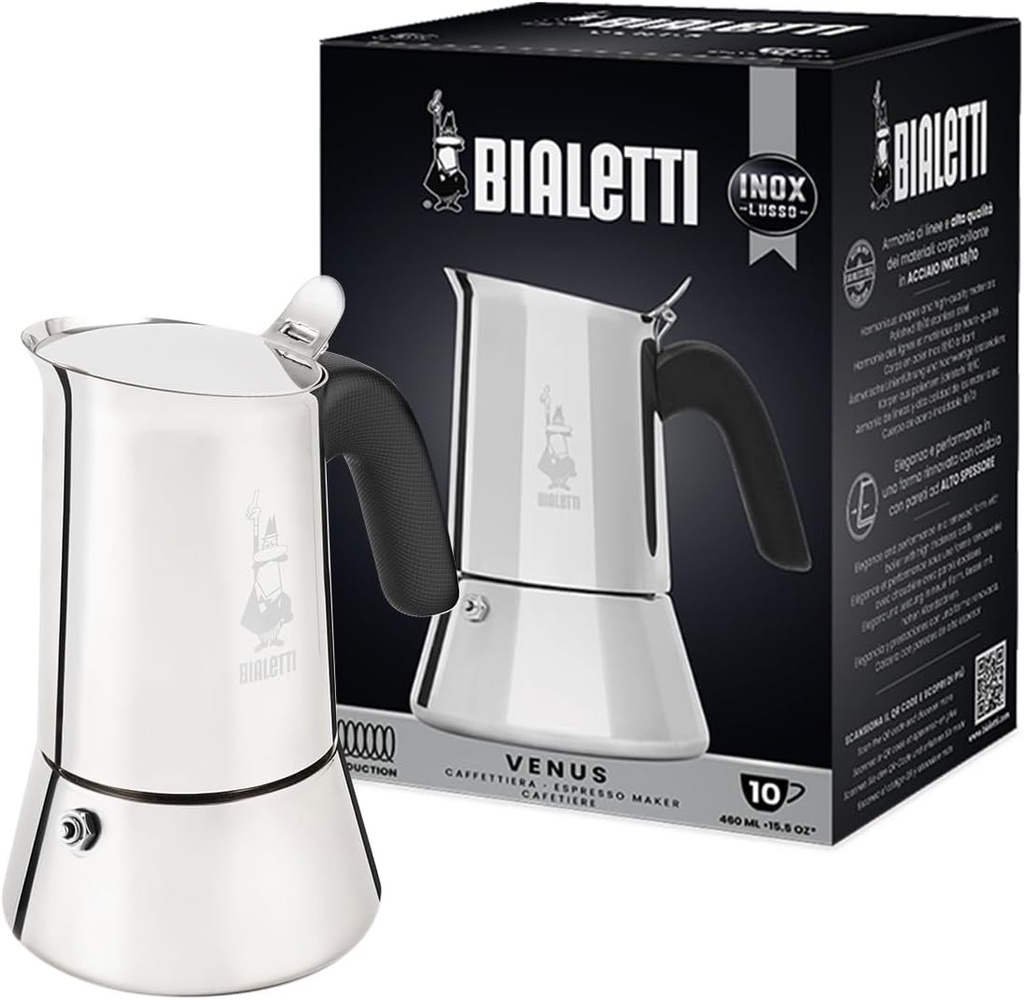 Bialetti - New Venus Induction, Aparat de cafea espresso din otel inoxidabil, potrivit pentru toate tipurile de plite, 10 cesti (460 ml), aluminiu, argintiu