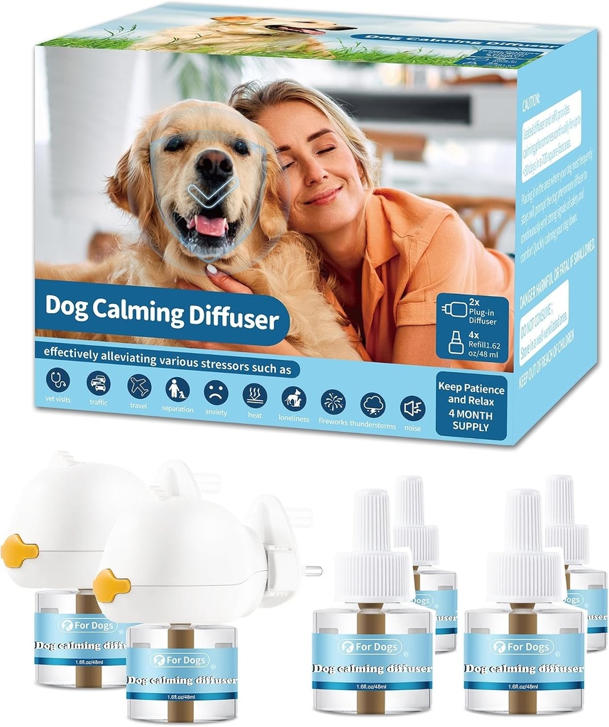 Difuzor calmant Pernimon pentru caini, ameliorarea anxietatii cu feromoni 6 in 1, echipat cu 2 difuzoare + 4 pachete de reumplere (albastru)