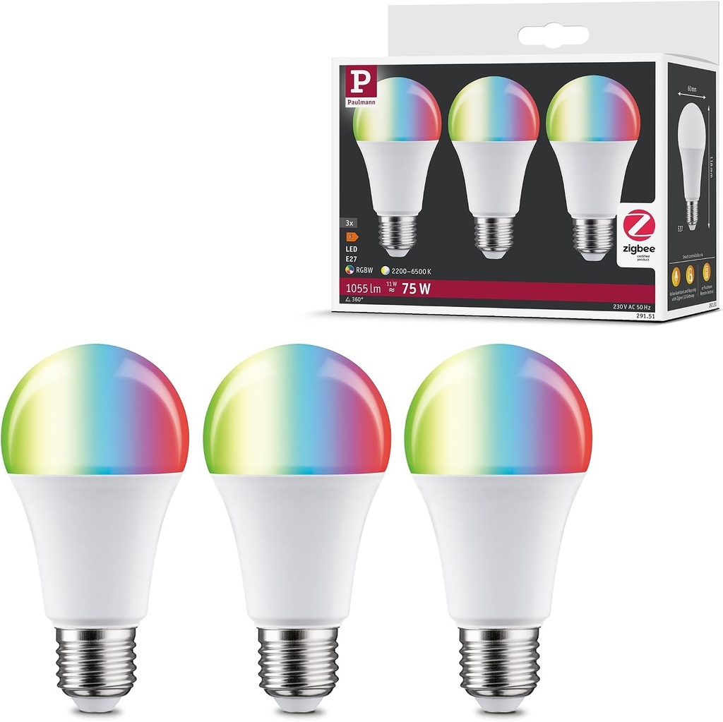 Bec LED Zigbee standard Paulmann 29151, 230V, pentru casa inteligenta, 3x1055lm, 3x11W, RGBW+, mat, reglabil