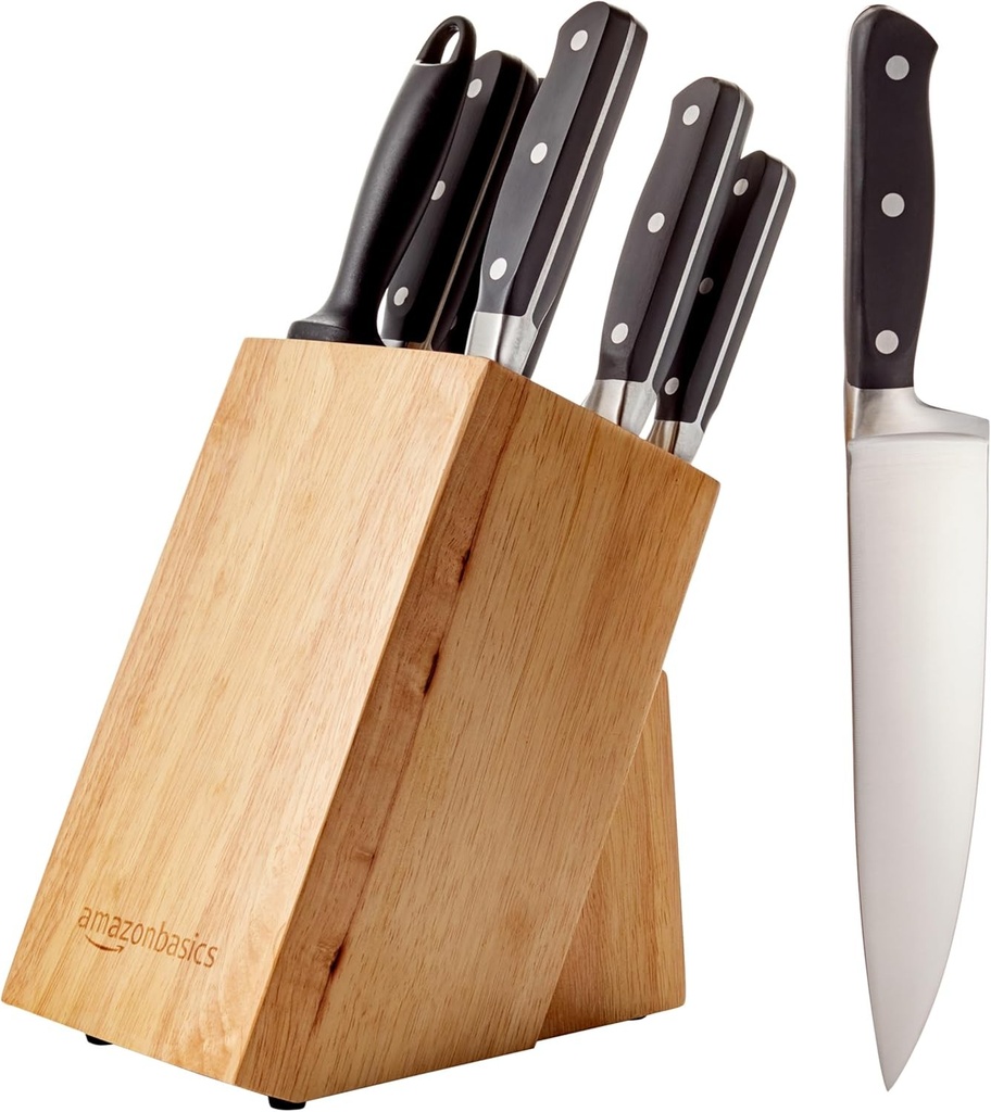 Bloc de cutite premium Amazon Basics, set de 9 piese, negru