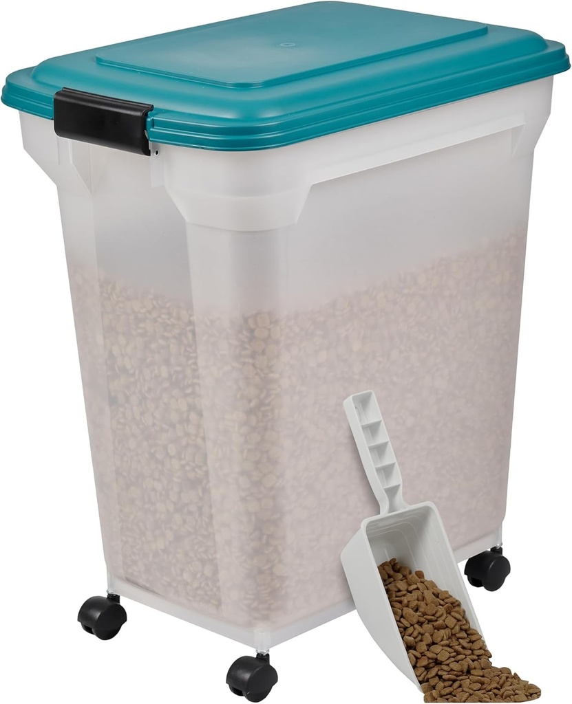 Recipient pentru depozitarea hranei pentru caini Iris Ohyama cu roti, 45L/15kg, albastru, cutie etansa pentru hrana, hrana uscata, recipient pentru hrana, pentru caini, pisici, recipient pentru hrana pentru animale de companie, lingura, fara BPA, recipient pentru alimente, ATS-L