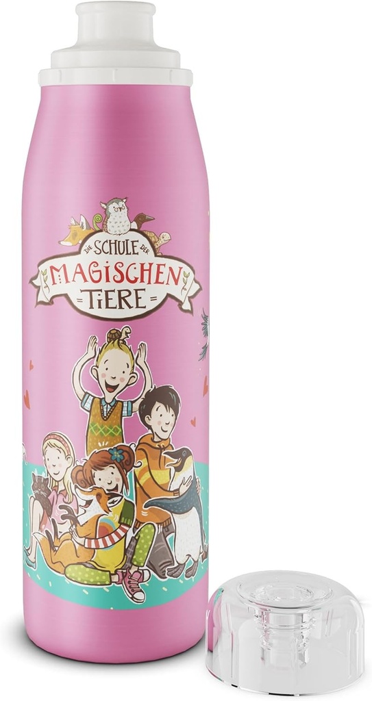 Sticla ISO pentru copii alfi 500ml, roz - Scoala Animalelor Magice, sticla izolata pentru copii, otel inoxidabil, etansa cu capac cu filet, mentine bauturile calde timp de 12 ore, reci timp de 24 de ore, potrivita pentru bauturi carbogazoase, fara BPA