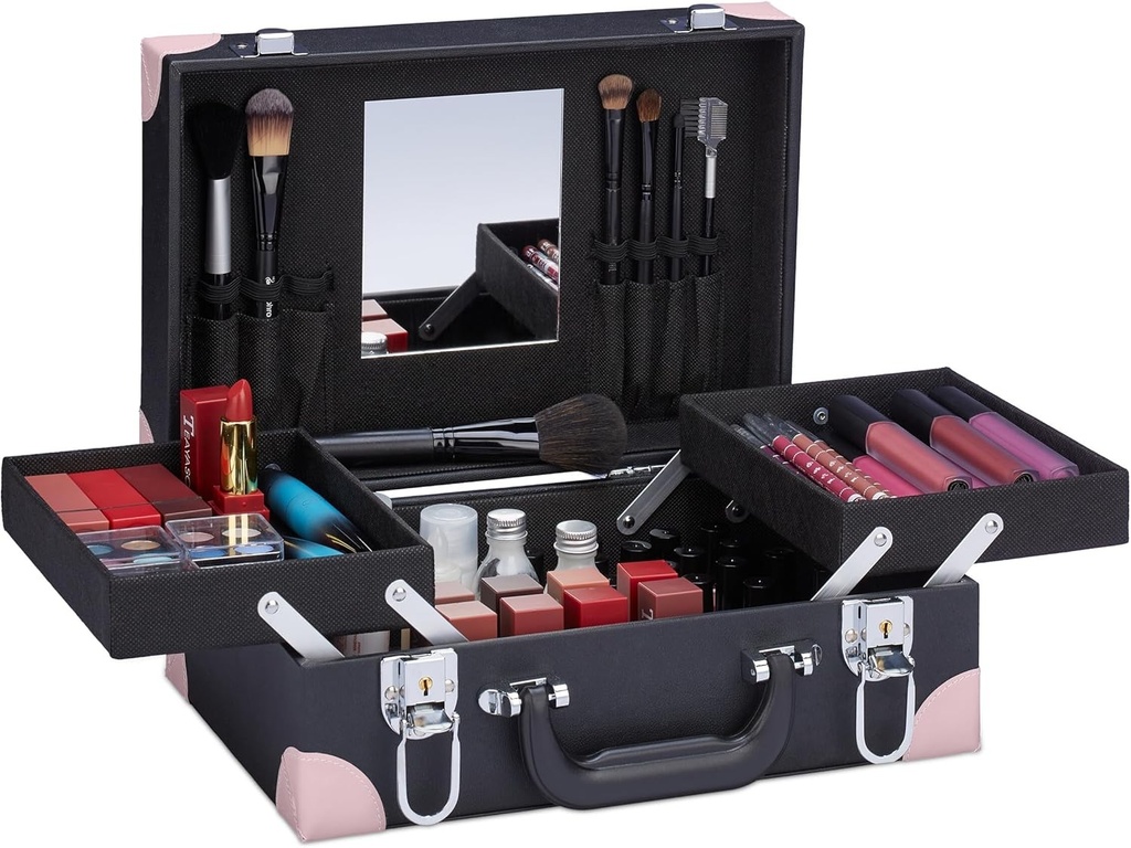 Trusa cosmetica Relaxdays, pentru machiaj, oja, trusa de machiaj cu oglinda, HL: 12,5 x 31 x 23 cm, goala, negru/roz