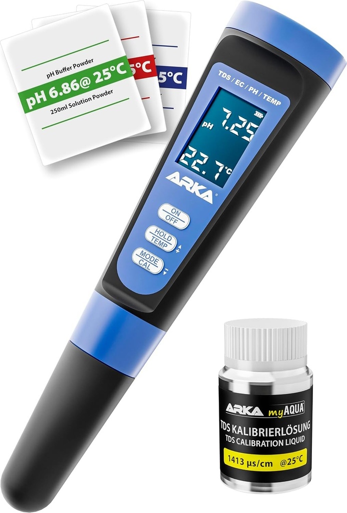 Aparat de masurare a pH-ului/TDS-ului/EC ARKA myAQUA - Tester de calitate a apei pentru pH, TDS, EC si temperatura, inclusiv solutie de calibrare, ideal pentru acvarii, piscine, iazuri si apa potabila