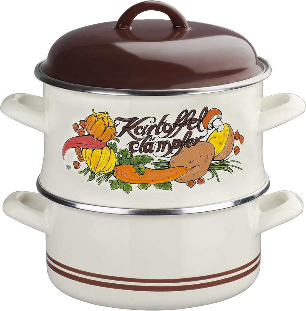 GSW 565059 Aparat de gatit cartofi emailat cu capac, 18cm, email, bej cu decoratiuni, 18cm, 3 bucati