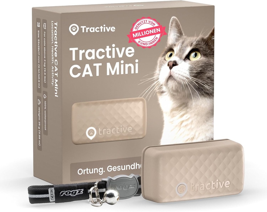 Tractive CAT Mini Tracker GPS pentru Pisici | Lider de Piata | Urmarire Live | Istoric Locatii | Alerte de Sanatate | Urmarire Activitate | Zgarda Inclusa | Abonament Necesar (Maro)