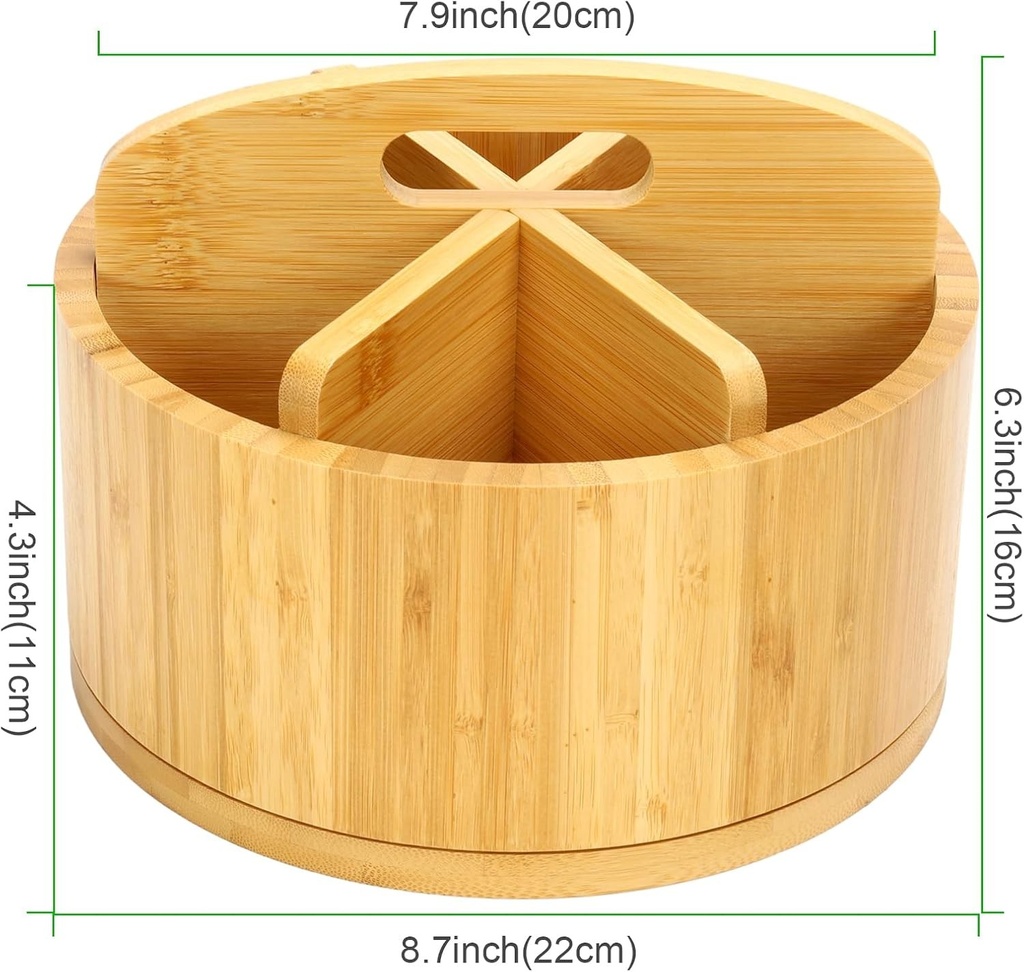 Organizator de birou Cini din bambus, rotativ la 360°, suport pentru pixuri din lemn cu maner, organizator de masa, 6 compartimente mari ca organizator de birou, organizator
