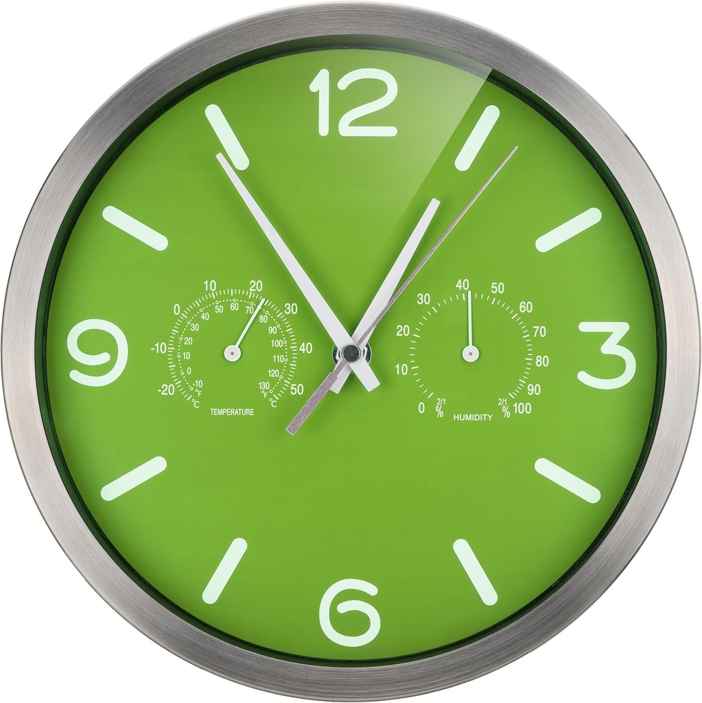 Ceas de perete radiocomandat Bresser MyTime ND Thermo-Hygro cu mecanism radiocomandat silentios, cadru din otel inoxidabil si afisaj pentru temperatura si umiditate, verde, 250x250mm