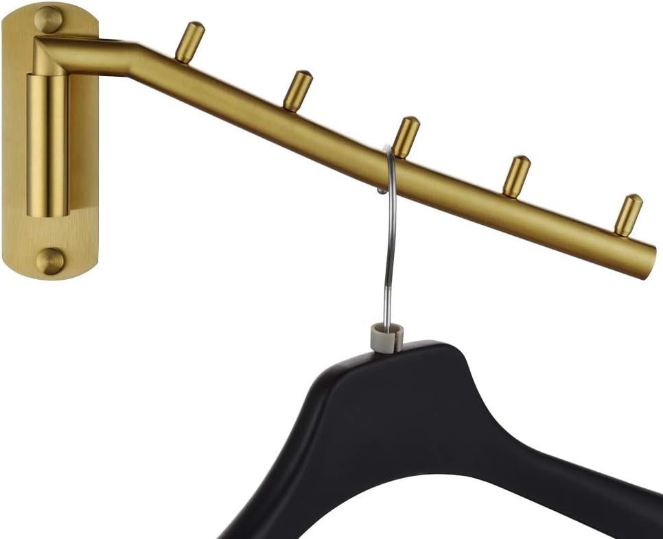JQK SHR100-PB Cuier pliabil din otel inoxidabil, brat oscilant, suport cu carlig, sistem de agatare a hainelor, dulap, depozitare, organizator auriu periat, montare pe perete