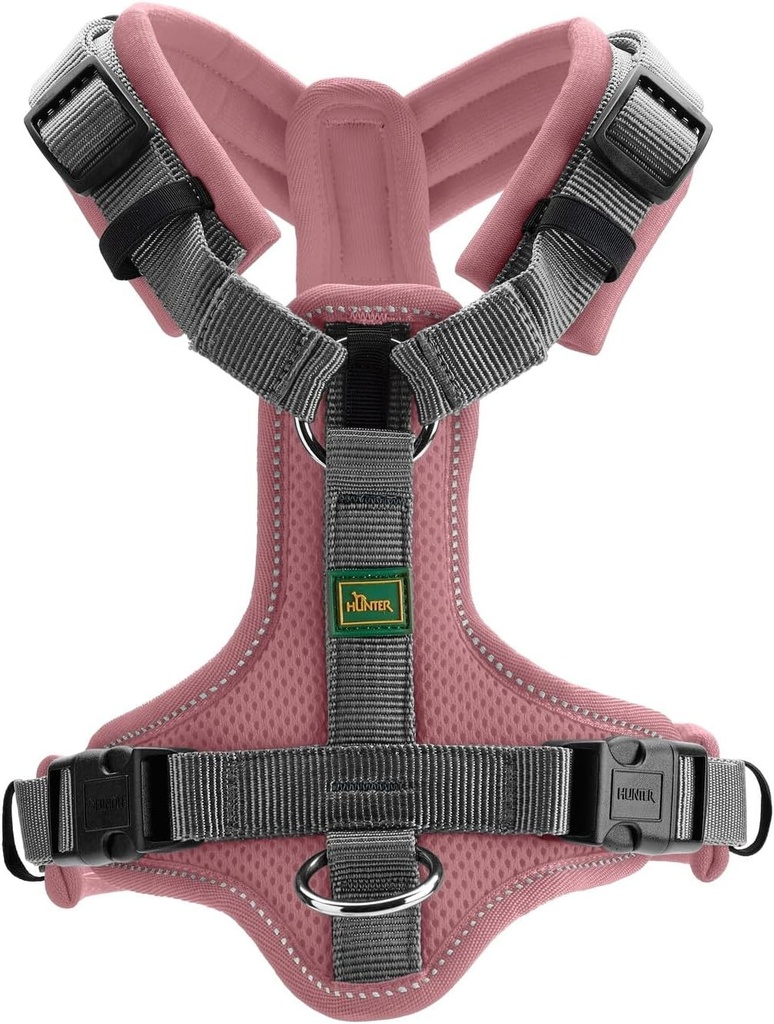 Ham pentru caini HUNTER Maldon UP, culoare: roz antic/gri, captusit moale si confortabil, extrem de reflectorizant datorita 3M Scotchlite, reglabil in 4 directii, cu maner captusit (de la S la M), marime: M