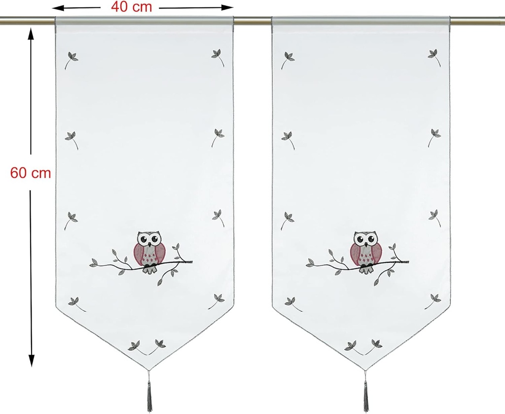 HeichkelL Perdele de cafenea din voal, model bufnita, perdea bistro brodata transparenta cu ciucuri, perdele pentru ferestre, panouri cu buzunare pentru tija, perdele scurte, gri, latime x inaltime 40x60 cm, 2 bucati