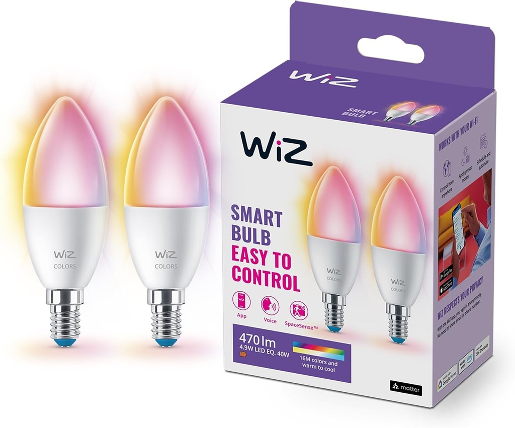Bec LED colorat WiZ, E14, cu conexiune Wi-Fi, echivalent 40W, 470 lumeni, pachet de 2, functioneaza cu Alexa, Google Assistant si Apple HomeKit