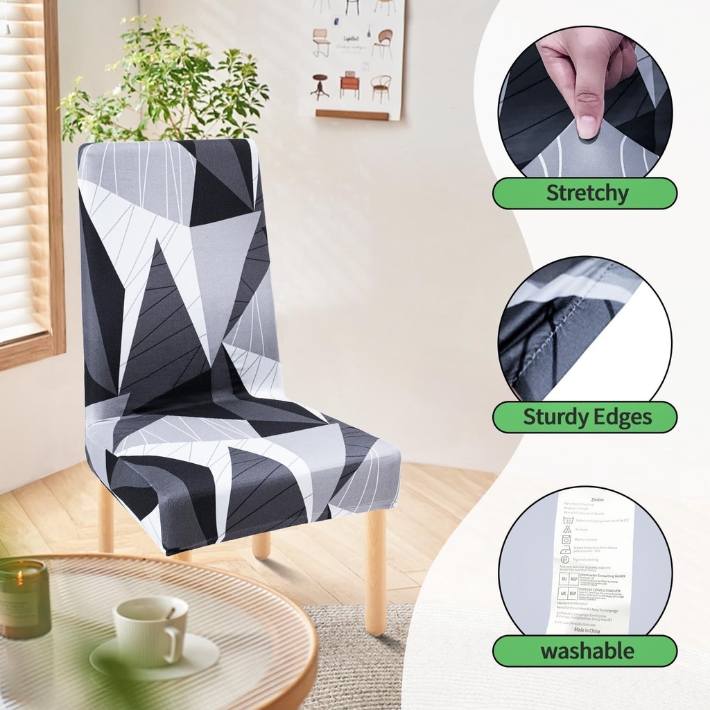 Huse de scaun Zindoo, set de 6, huse de scaun elastice mari, model geometric modern, huse detasabile si lavabile pentru dormitor, sufragerie si sufragerie