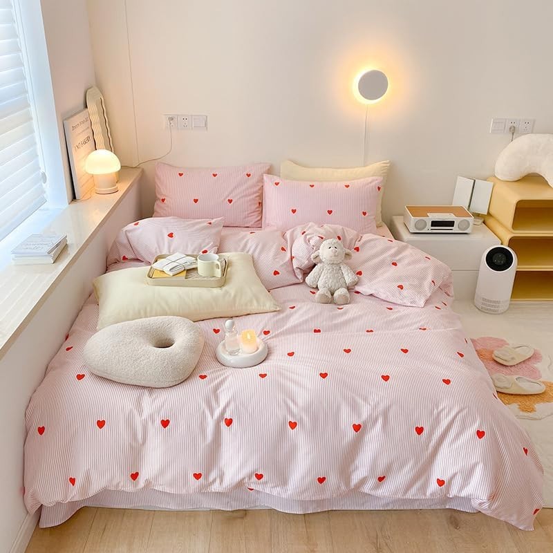 Set de lenjerie de pat Sedefen, model cu motive inima roz, pentru adulti si persoane single, cu inchidere cu fermoar, husa de pilota din microfibra pentru fete si 1 fata de perna 65x65 cm