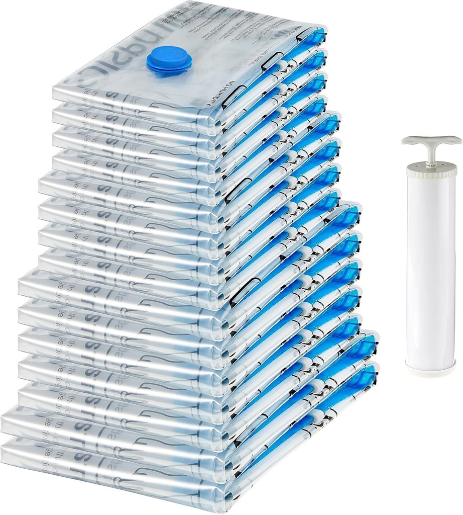 Pungi vidate Amazon Basics pentru haine cu valva etansa si pompa manuala - 2 x X-Jumbo, 5 x Jumbo, 4 x Mari, 4 x Medii, pachet de 15, 15 bucati, pachet de 1, fermoar, transparente