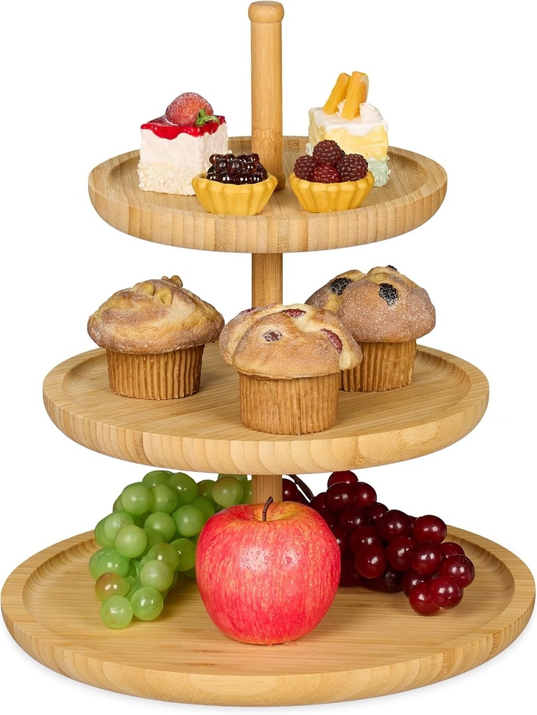 Relaxdays Suport de servire cu 3 niveluri din bambus, H: 25 cm A: 30 cm, suport pentru fructe din lemn cu 3 niveluri si 3 boluri rotunde pentru servirea de produse de patiserie, fursecuri, gustari de petrecere, nuci, dulciuri, farfurie cu fructe si platou de servire, natural