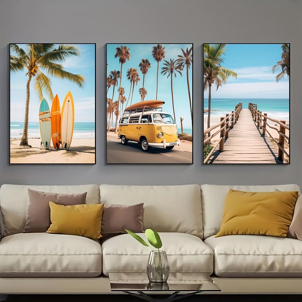 AQCQDQ Set de 3 Postere Premium, Postere cu Placa de Surf, Postere cu Dispozitie de Vara, Postere Arta Moderna cu Imprimeu, Decor de Arta Murala pentru Living si Dormitor, Neinramat (40 x 50 cm)