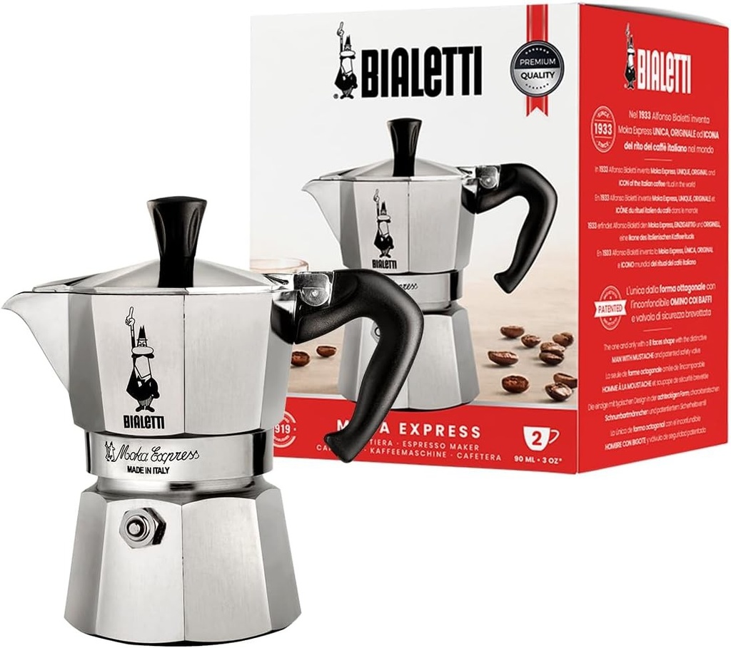 Cafetiera Bialetti Moka Express din aluminiu pentru aragaz (2 cesti), 90 mililitri, argintiu/negru, 8 x 11 x 11 cm