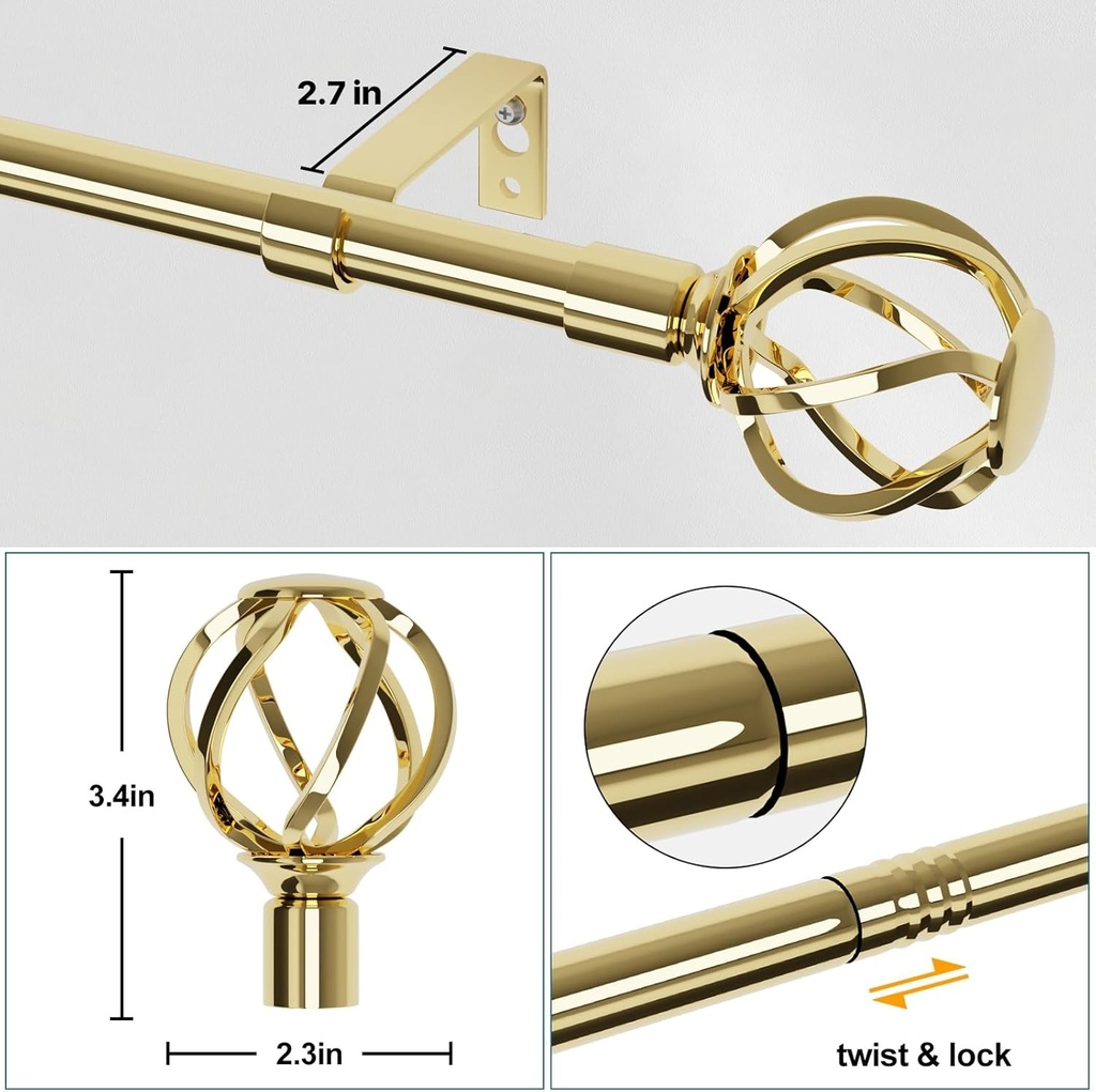 Bara de perdea aurie, 68 pana la 157 cm, cu terminale rasucite cu colivie, set de bare de perdea din alama pentru montare pe perete, bara de perdea metalica de 16 mm, lungime 1,5 m, bara de perdea de exterior rezistenta la intemperii