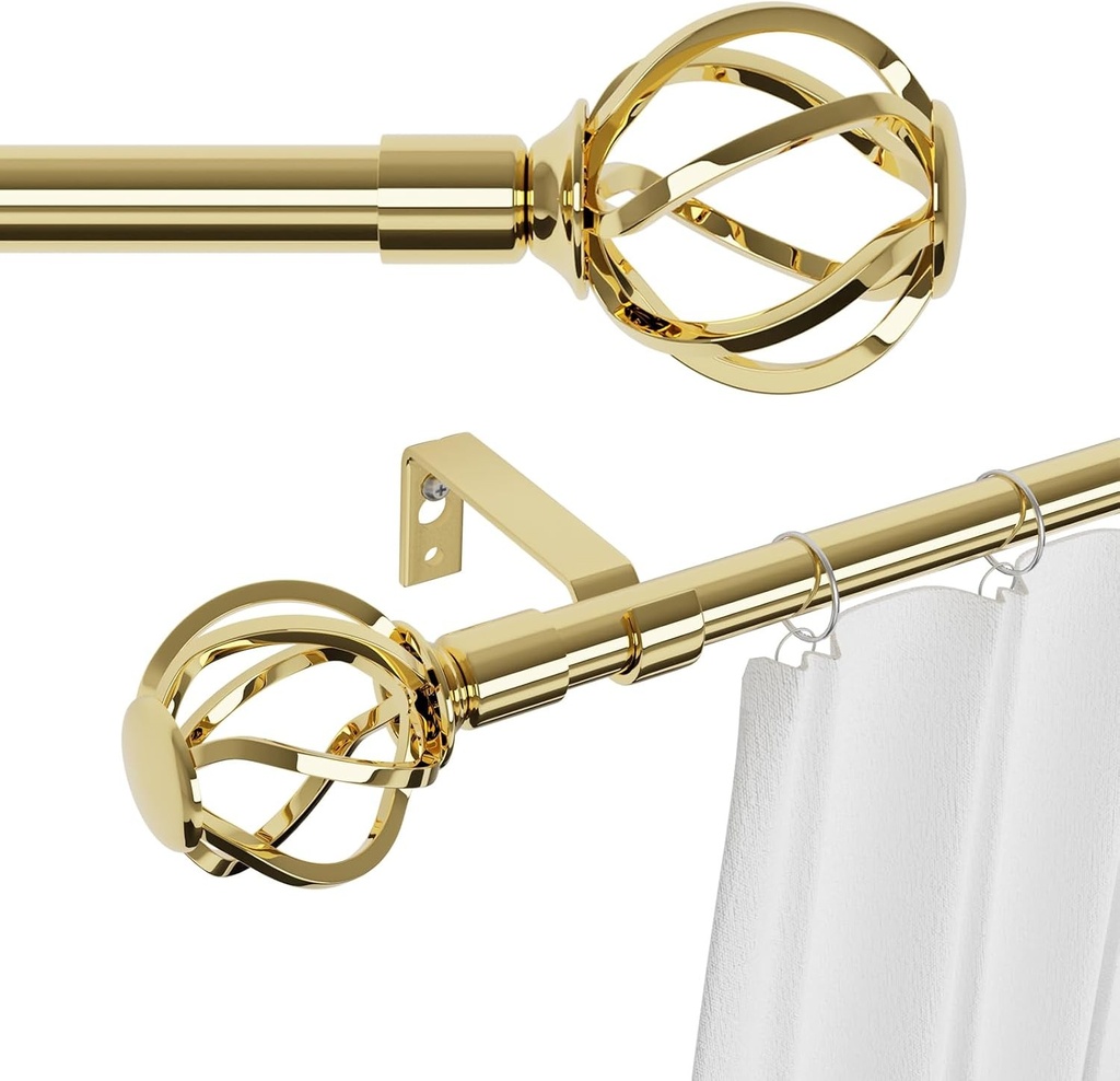 Bara de perdea aurie, 68 pana la 157 cm, cu terminale rasucite cu colivie, set de bare de perdea din alama pentru montare pe perete, bara de perdea metalica de 16 mm, lungime 1,5 m, bara de perdea de exterior rezistenta la intemperii