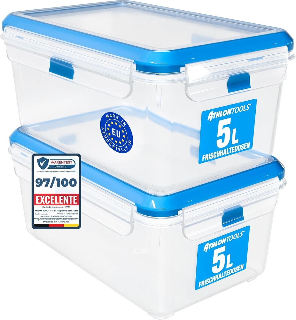 ATHLON TOOLS Set 2x 5L Recipiente pentru Depozitarea Alimentelor, Calitate Restaurant - 100% Ermetic si Anti-Scurgeri -40 pana la +100 de Grade - Pentru Toate Alimentele - Fara BPA - Recipiente pentru Depozitarea Alimentelor pentru Frigider [FABRICAT IN UE]