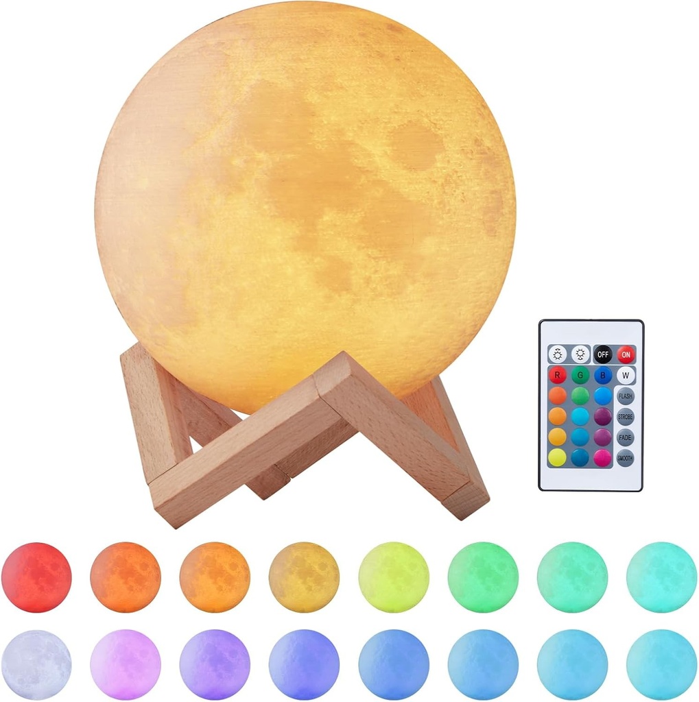 Lampa de noapte EXTSUD 3D cu luna, lumina de noapte LED de 15 cm, reglabila, 16 culori, cu telecomanda si comutator tactil, reincarcabila USB, lumina de noapte pentru dormitor, sufragerie, cafenea, cadou de ziua de nastere/Craciun