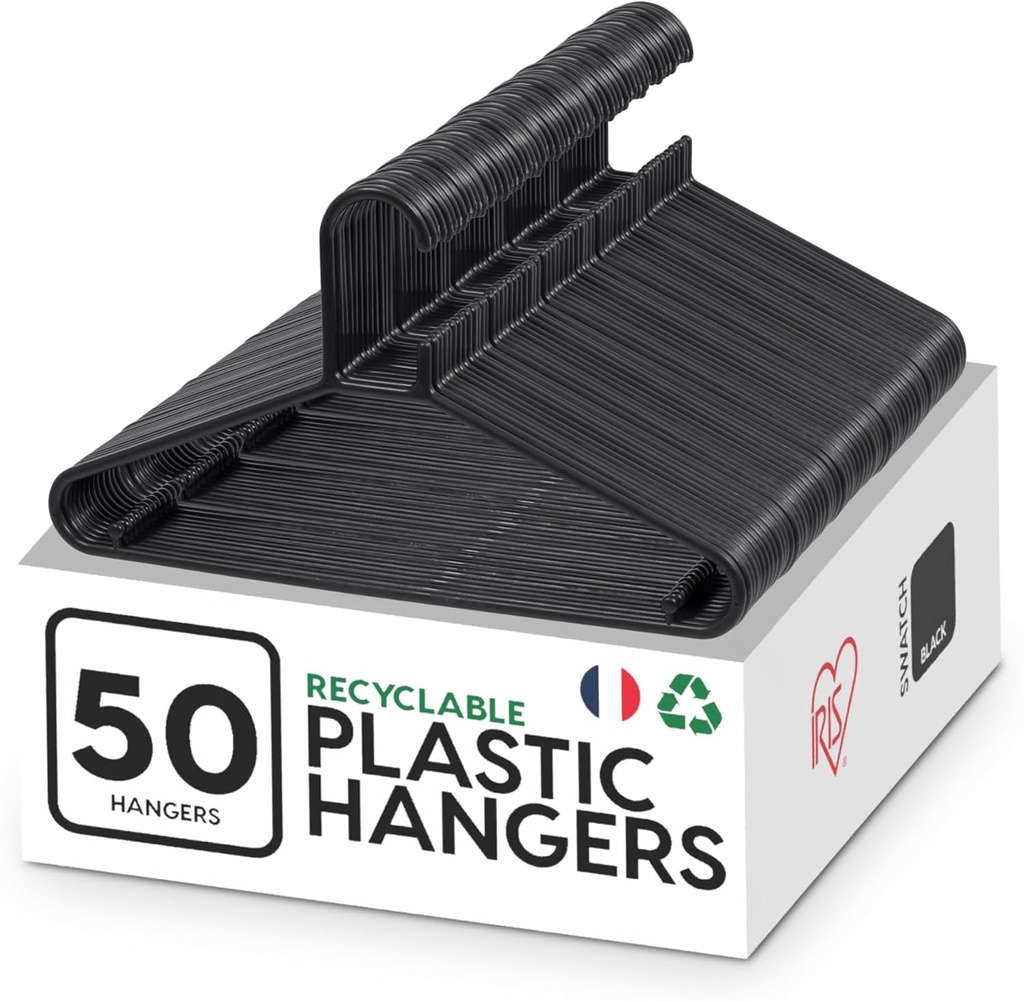 Iris Ohyama, Cuier, Cuiere din plastic, Fabricat in Franta, 39 cm, Pachet de 50 de cuiere, Cuier care economiseste spatiu, CHM-39, Negru, Cuiere, Cuiere pentru pantaloni, Camasi, Paltoane, Rochii, Durabil