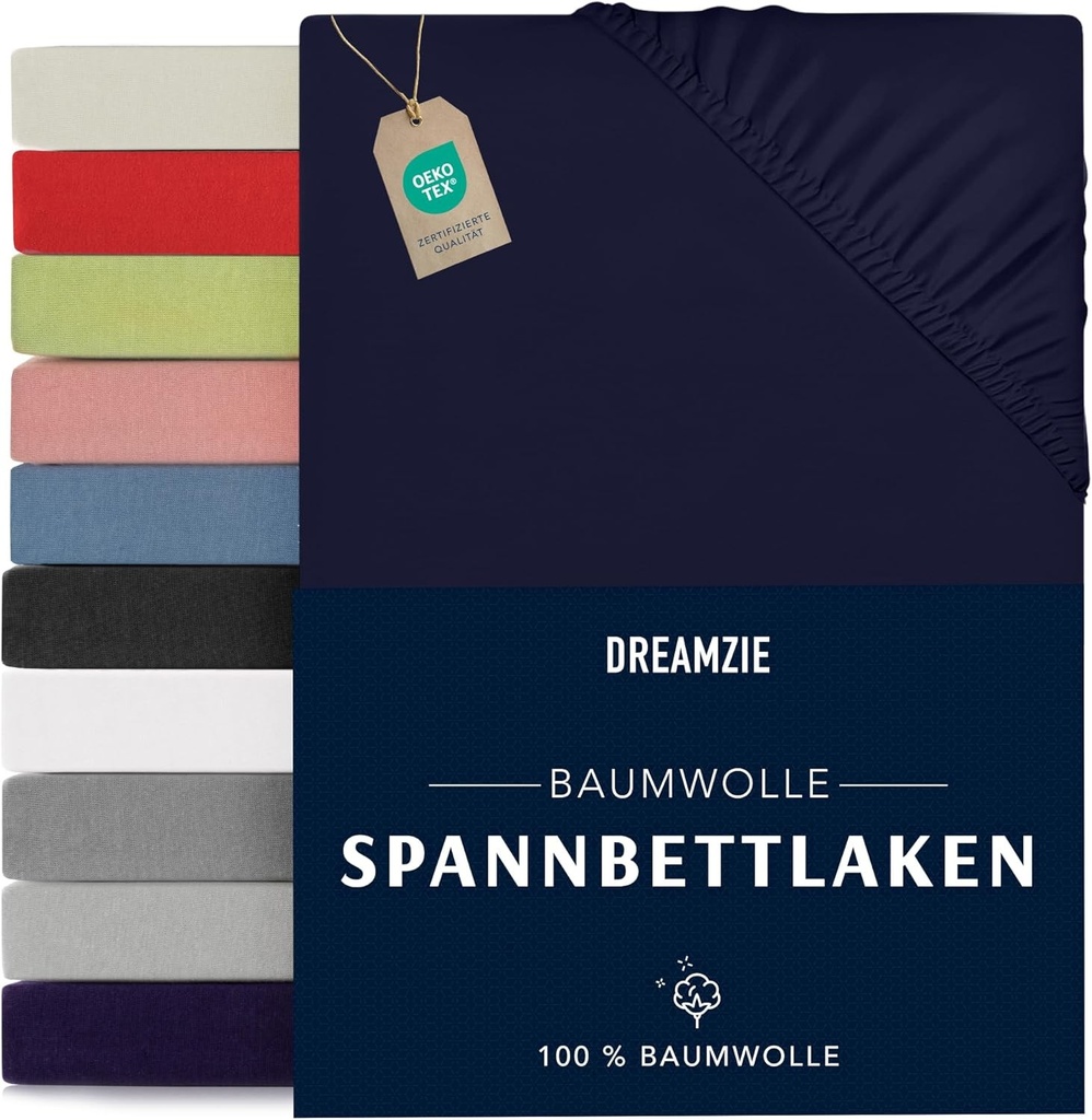 Dreamzie - Cearsaf cu elastic 140x190/200cm - Bumbac Certificat Oeko-Tex - Albastru inchis - Cearsaf cu elastic 100% Jersey 140x190/200