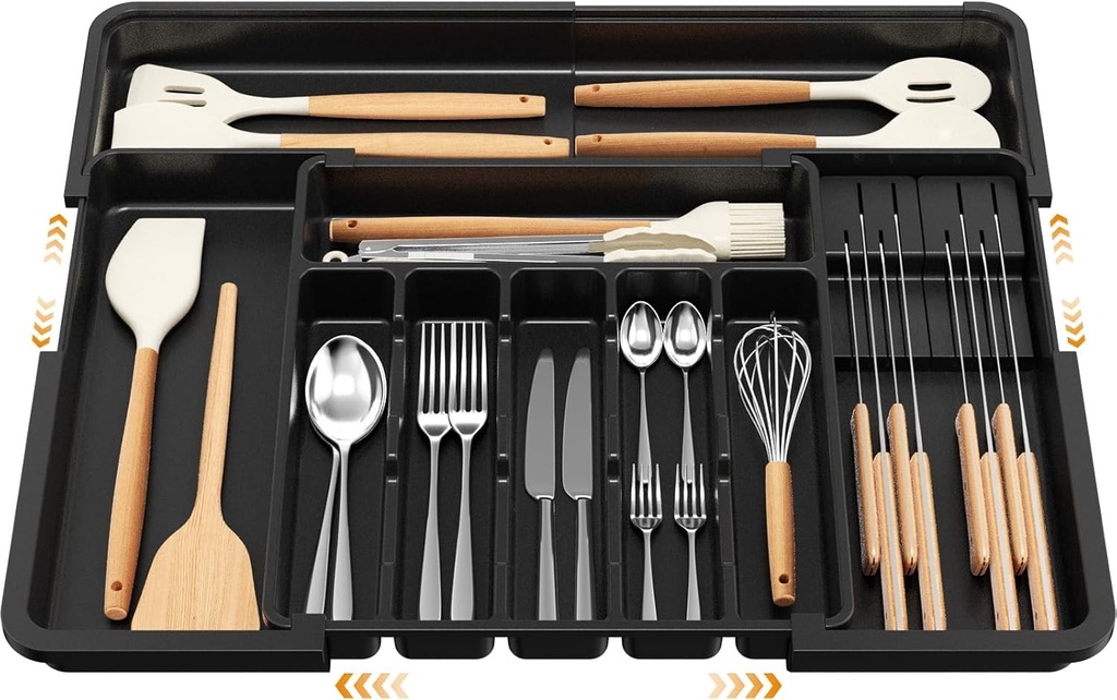 Tava extensibila pentru tacamuri Euqvunn pentru sertare, 6-9 compartimente reglabile, cu 2 blocuri de cutite detasabile, suport compact pentru tacamuri din plastic, pentru furculite si cutite (negru)