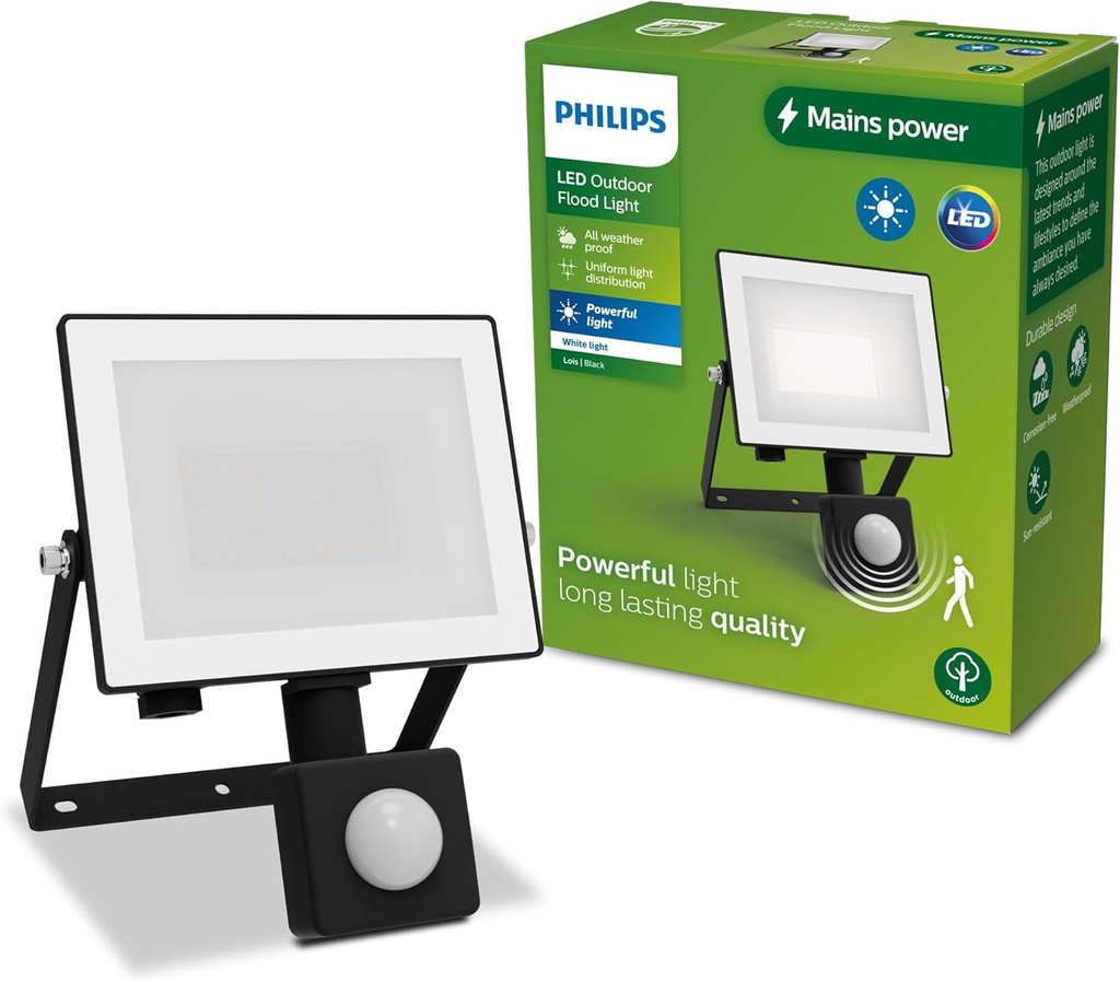Proiector exterior Philips Lois cu senzor, 20 W, 3000 K, negru