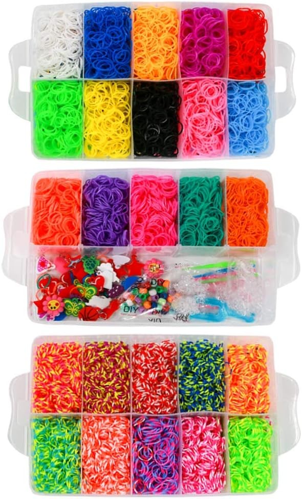 Kit bratari elastice ONECK pentru copii 15000+ cu placa de tesut si cutie, creare benzi pe razboi de tesut pentru fete cu croseta si kit de margele, creare de culori cu brelocuri