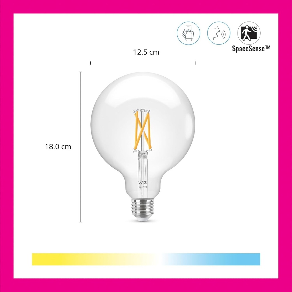 Lampa LED reglabila alba WiZ E27 (806 lm), G125, lampa cu filament transparent de 60 W cu lumina alb calda pana la rece reglabila, control inteligent al luminii prin Wi-Fi folosind vocea/aplicatia