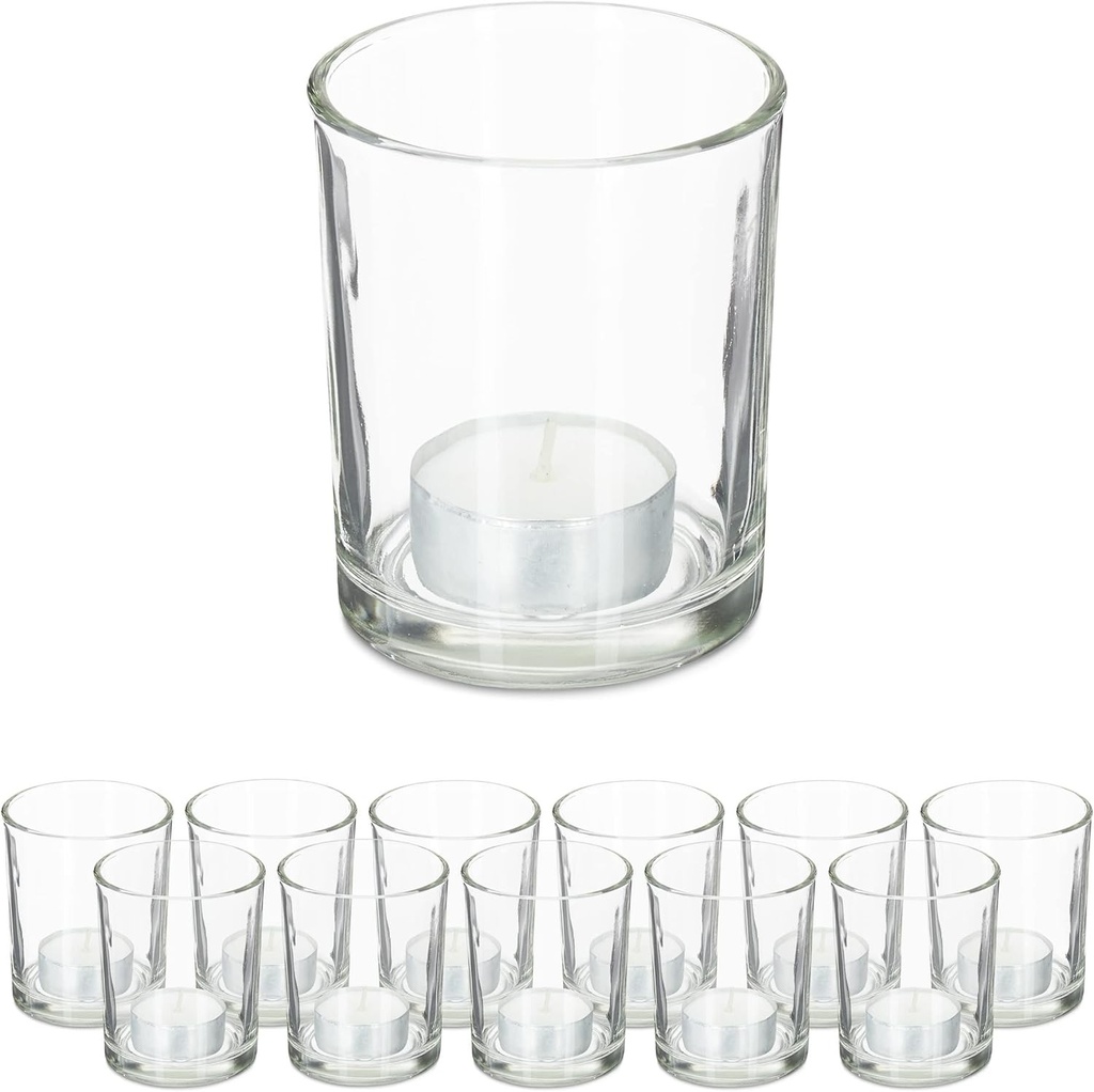 Suporturi din sticla pentru lumanari tip pastila Relaxdays, set de 12 pahare votive simple, H x A: 8,5 x 7 cm, decorative, transparente