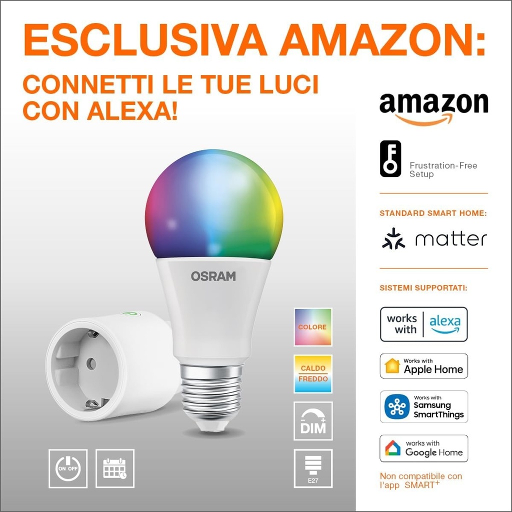 Bec LED OSRAM SMART+ RGBW, E27 cu Matter over Wifi, special conceput pentru ALEXA - configurare usoara cu un singur clic, echivalent 100W, alb cald pana la alb rece (2700-6500K), 16 milioane de culori RGB, pachet de 1